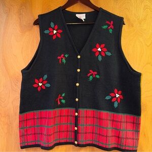 Vintage Crystal Kobe Women's Christmas Sweater Vest Black Red Gold Buttons  2X